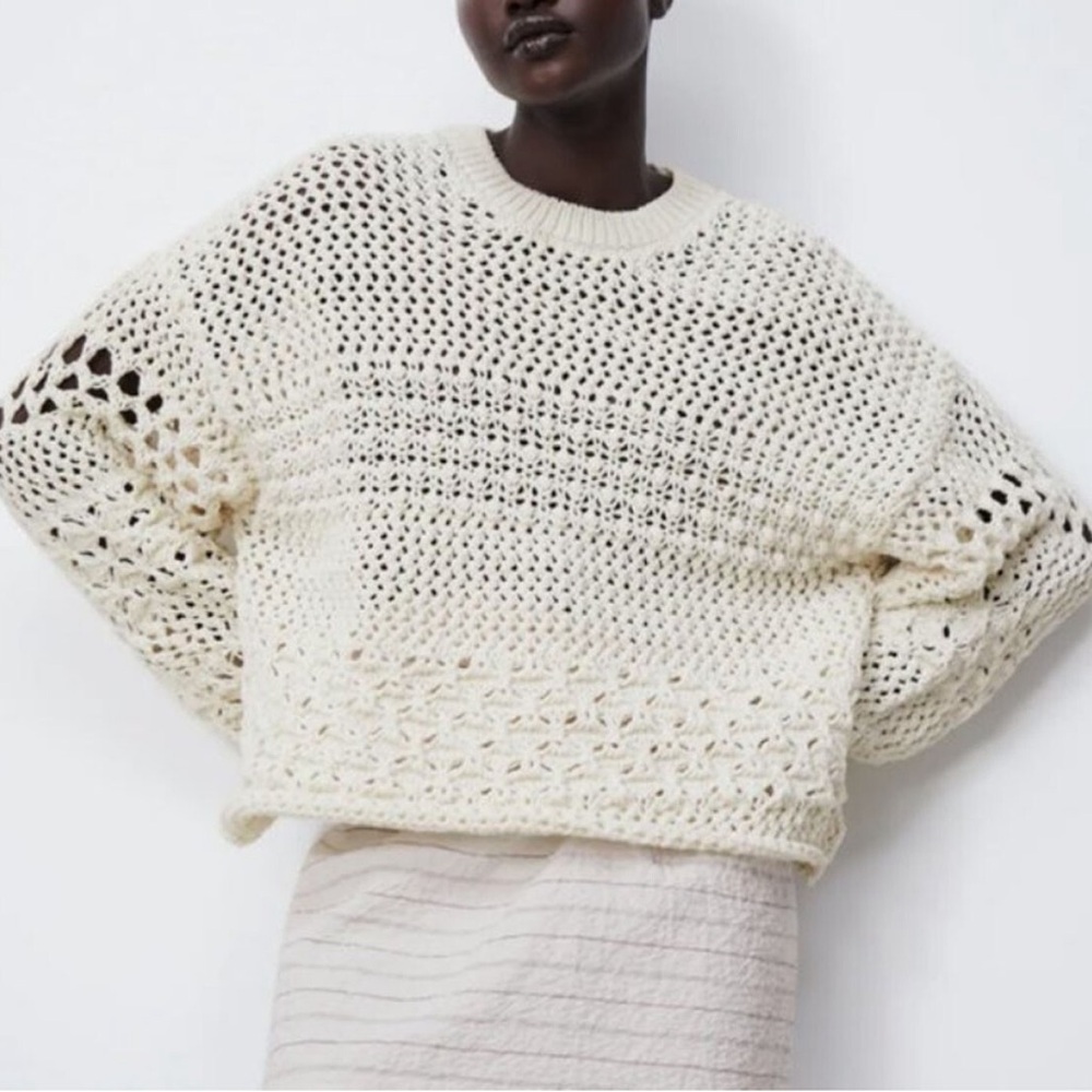 ZARA Pointelle Textured Open Knit Crewneck Cropped Sweater in Cream